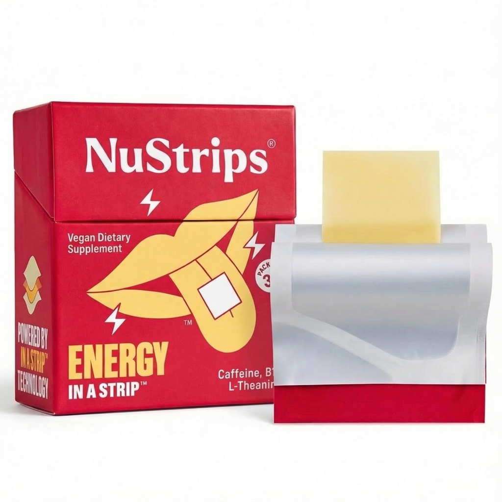 NuStripsTM Fast-Dissolving Energy Strips mit 50mg Koffein, L-Theanin & Vitamin B12 – Instant Energy & Focus ohne Jitter oder Crash – Funktioniert schneller als Kaffee – beruhigende Zimt (30 Packung)