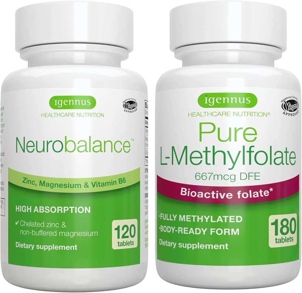 Neurobalance Zink, Magnesium & Vitamin B6 + Pure Folate 400mcg Vegan Bundle, Chelat Zink Picolinat 24mg, Oxid-Free Magnesium & Vitamin B6 + Optimiertes L-Methylfolat, von Igennus