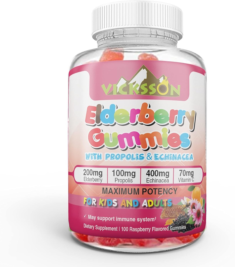 Sambucus noir Gommies d'anciennes baies avec propolis & Echinacea + Vitamine C Antioxydant Flavonoïdes système immunitaire Booster pour enfant et adulte végétalien amical. 100 Nombre