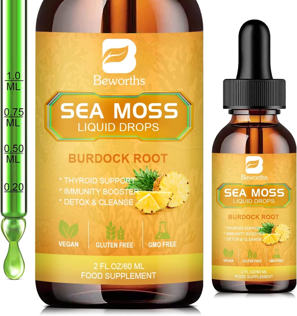 Sea Moss Liquid Drops - Organic Irish Sea Moss Gel mit Spirulina, Bladderwrack, Burdock Root, Pinapple Seamoss Gel Supplement für Joint, Detox Cleanse & Digestion Support - 2 Fl Oz, Vegan