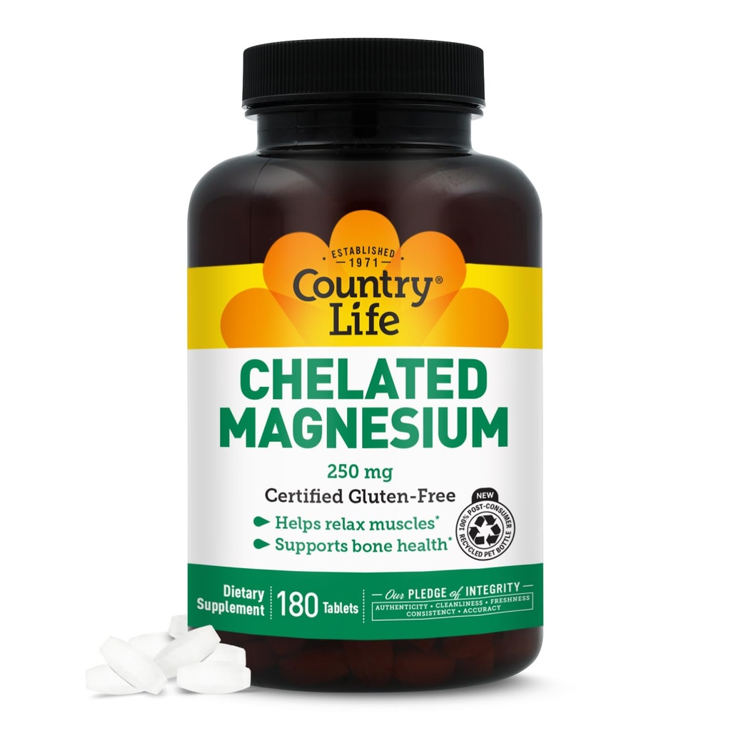 Country Life Chelat Magnesium 250mg - Unterstützt Herz, Knochen & Muskel Gesundheit, Vegan-Friendly Magnesium Supplement mit Magnesiumoxid und Aminosäure Chelat, Gluten-frei