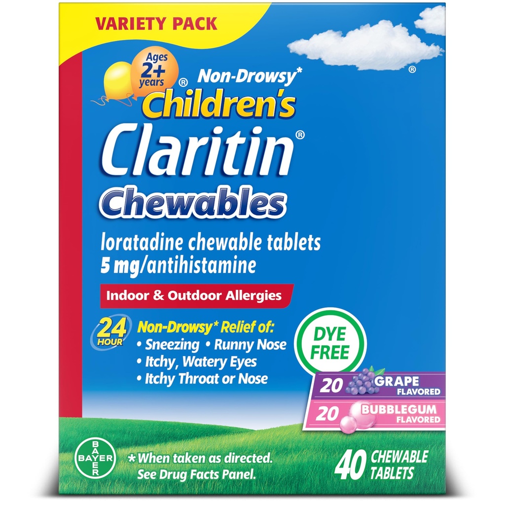 Loratadine 5mg Comprimé à croquer, antihistaminique pour les enfants de 2 ans et plus, Gomme de raisin et de bulle, 40 comprimés