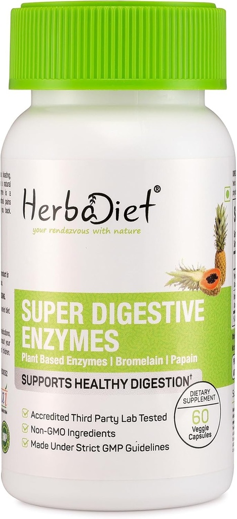 Herbadiet Verdauungsenzym Ergänzungen | Bromelain & Papain Extrakt 500mg Kapseln | Proteolytische Enzyme mit Lipase Lactase Amylase (60 Kapseln)
