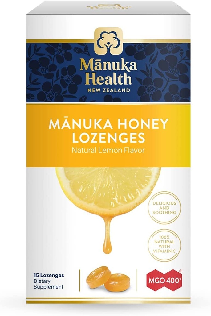 Manuka Santé Manuka Lozanges au miel – 15 Lozanges au citron – Lozanges à gorge naturelle infusées de miel brut de Manuka et de vitamine C pour le soutien immunitaire