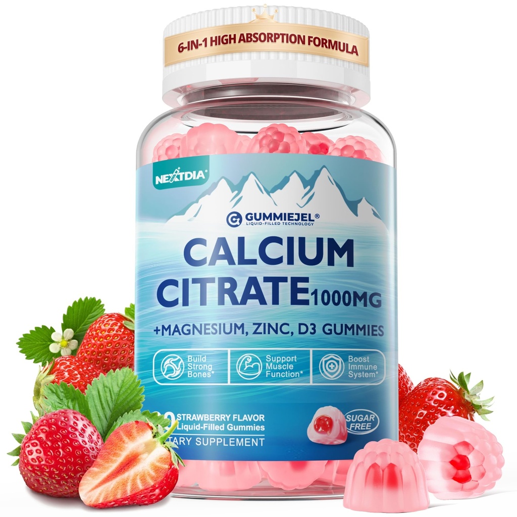 Supplément de citrate de calcium 1000mg pour les femmes et les hommes, 6-en-1 Calcium Magnésium Zinc Gummies + Vitamine D3, B6 et Potassium haute absorption pour les os, les dents, les muscles et la santé nerveuse, végétalien, sans sucre, 60Cts