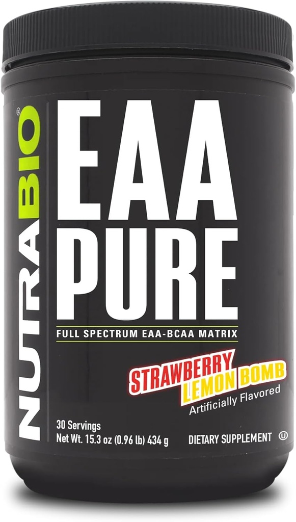 NutraBio – EAA Pure – 9 Aminosäuren – Muskelreparatur und -rettung, 30 Portionen, Erdbeer-Lemon-Bombe – Pre- oder Post Workout – All Day Recovery