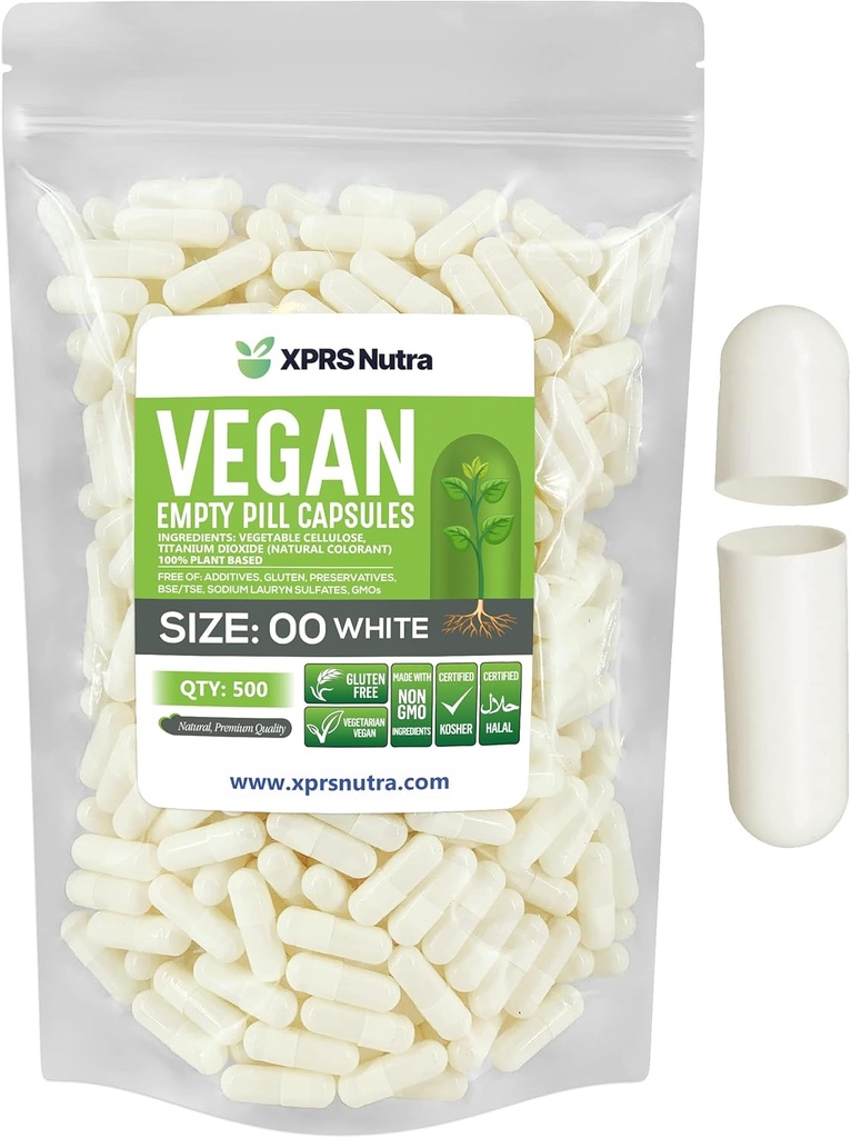 XPRS Nutra Taille 00 Capsules vides - 500 Compte Capsules vides de végétalien - Pilules vides végétariennes - Bricolage Gélule végétale Remplissage- Caps de pilules végétariennes (blanc)