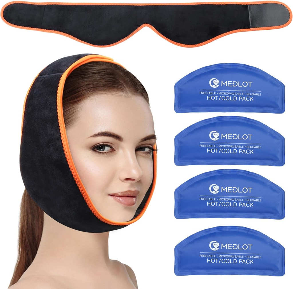 Paquet de glace visage pour TMJ, Dents de sagesse, avec 4 packs de gel de thérapie à froid réutilisable, soulagement de la douleur pour le chin, la tête, la mâchoire, la chirurgie orale et faciale, les implants dentaires