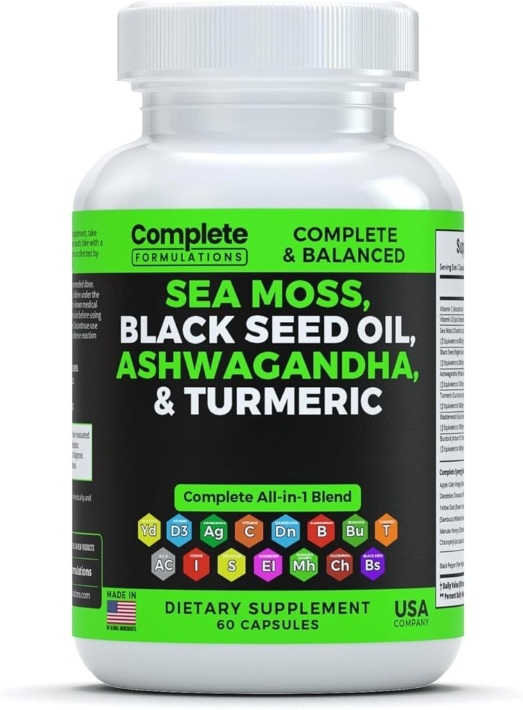Sea Moss Ergänzung Blend mit schwarzem Seed Öl Ashwagandha Turmeric Bladderwrack, Burdock & Vitamin C & D3 mit Elderberry Manuka Dandelion Gelb Dock Iodine
