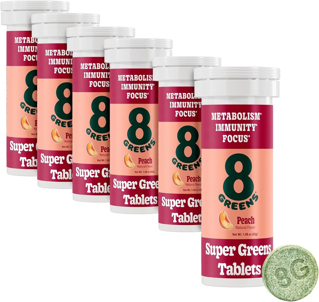 8Greens Supergreens Tablets | Super Greens Powder Superfood, Metabolism Immunity & Focus, Daily Greens Effervescent Tablets, Organic: Aloe Vera, Spirulina, Chlorella, Peach, Tube 60 Servietten.