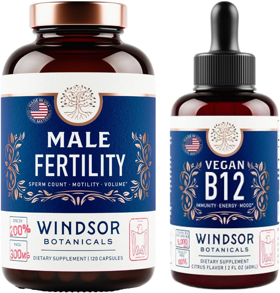WINDSOR BOTANICALS Vegan Vitamin B12 und männliche Fruchtbarkeitsergänzung mit Maca Root - Energie und Fruchtbarkeit Bundle