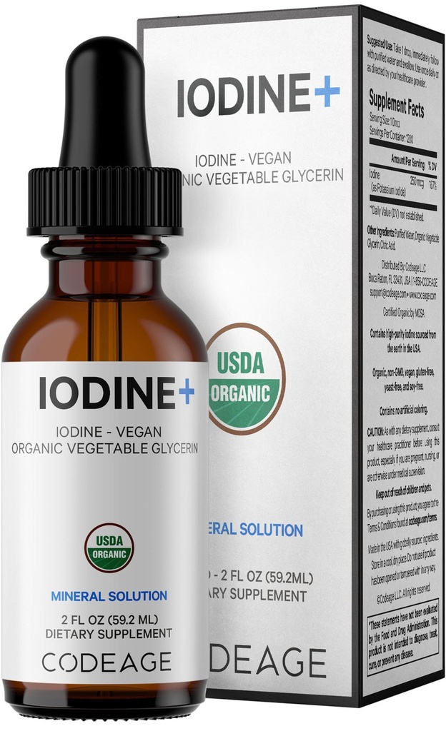 Codeage USDA Certified Organic Iodine Drops - 250 Mcg Per Serving - 1+ Jahr Supply - Liquid Iodide Supplement - Reine, klare Iodine - Vegan Kalium Iodine Flüssigkeitstropfen - 2 fl oz