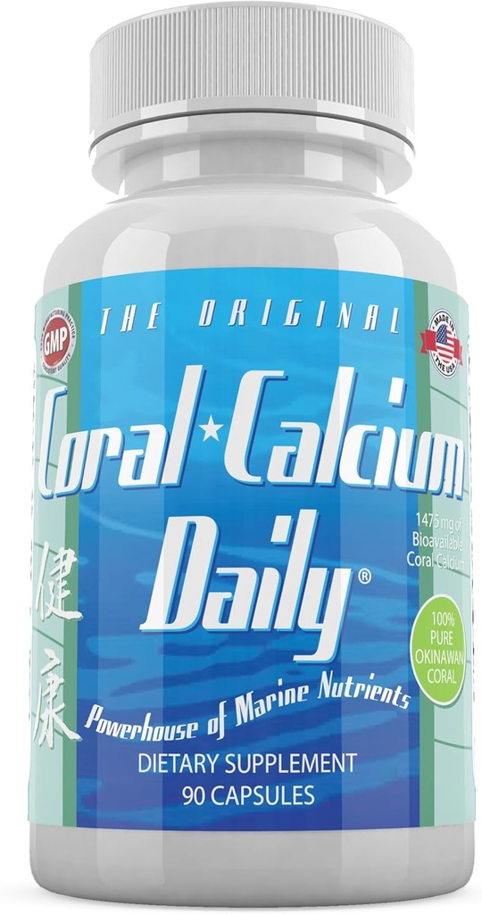 Santé quotidienne, Calcium corallien Pure Okinawa - Supplément de qualité marine avec 72 minéraux traces - 1475mg, 90 capsules végétales (1 mois d'approvisionnement)
