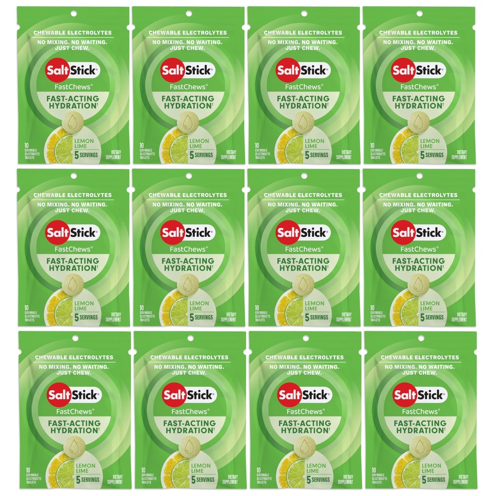SaltStick Elektrolyt FastChews Kautabletten, Lemon Lime, 120 Graf, 12 Pakete von je 10 Tabletten