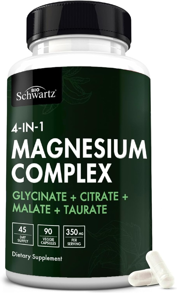 BioSchwartz Magnesium Complex Supplement (90 Kapseln) 350mg Magnesium Glycinat Citrate Malate und Taurate Per Servieren für gesunde Nerven Muskeln Herz Schlafunterstützung (Vegan, Glutenfrei, Non-GMO)