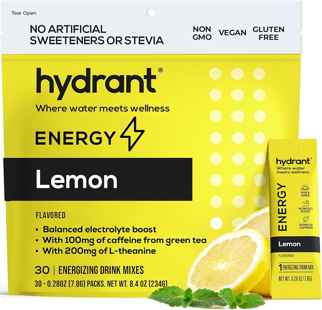 HYDRANT Energy Lemon Flavor 30 Stick Pack, Koffein & L-Theanin Rapid Hydration Mix, Elektrolyt Hydration Powder Packets mit Zink