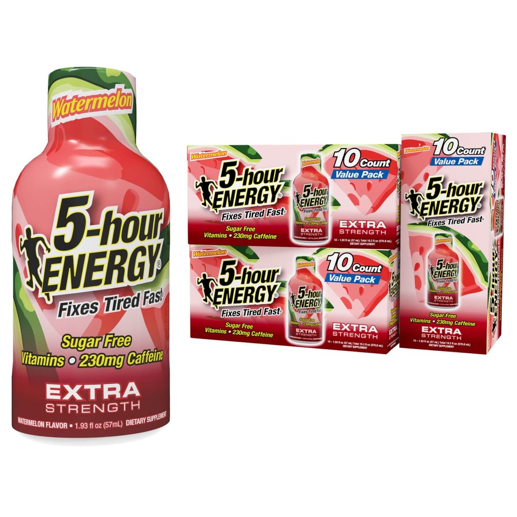 5 heures ENERGY Extra Strength Energy Shot, Pastèque Flavor, 1,93 oz., 30 Compte, zéro calories et sans sucre 230 mg Caffeinated Energy Shot, Amino Acides & B Vitamines, compléments alimentaires