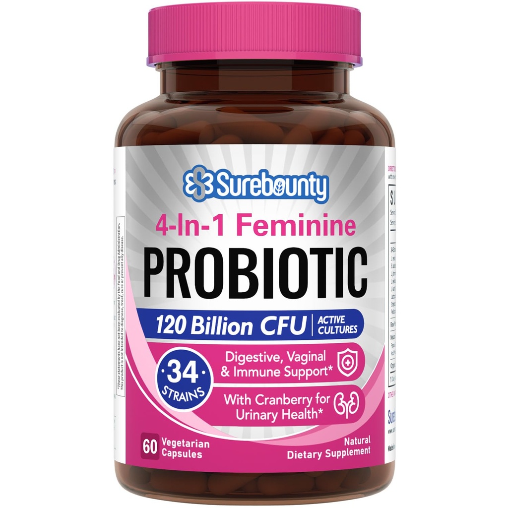Probiotiques pour les femmes, 120 milliards CFU 34 souches, prébiotiques, enzymes digestives, canneberge, 4-en-1 probiotique féminine, digestif, vaginal, soutien immunitaire, 60ct