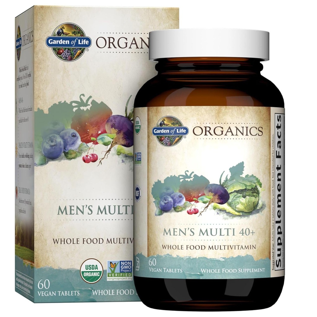 Garten des Lebens Bios Ganzes Essen Multivitamin für Männer 40+, 60 Tabletten, Vegan Mens Multi für Gesundheit, Wohlbefinden zertifizierte Bio Ganze Lebensmittel Vitamine, Mineralien für Männer über 40, Mens Vitamine
