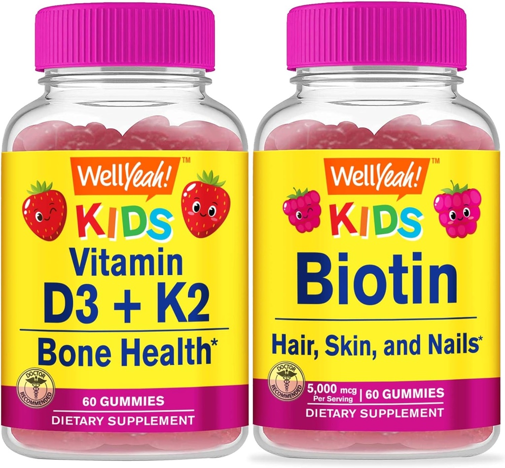 WellJa Vitamin D3+K2 Kids + Biotin Kids, Gummis Bundle - Große Verkostung, Vitamin-Ergänzung, Glutenfrei, GVOfrei, Kaugummi
