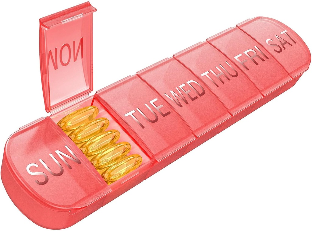 Organisateur hebdomadaire de pilules 1 fois par jour, boîte à pilules de voyage 7 jours Extra gros compartiments Porte-vitamine, récipient quotidien de pilules 7 jours XL Distributeur de médicaments pour l'huile de poisson (rouge)