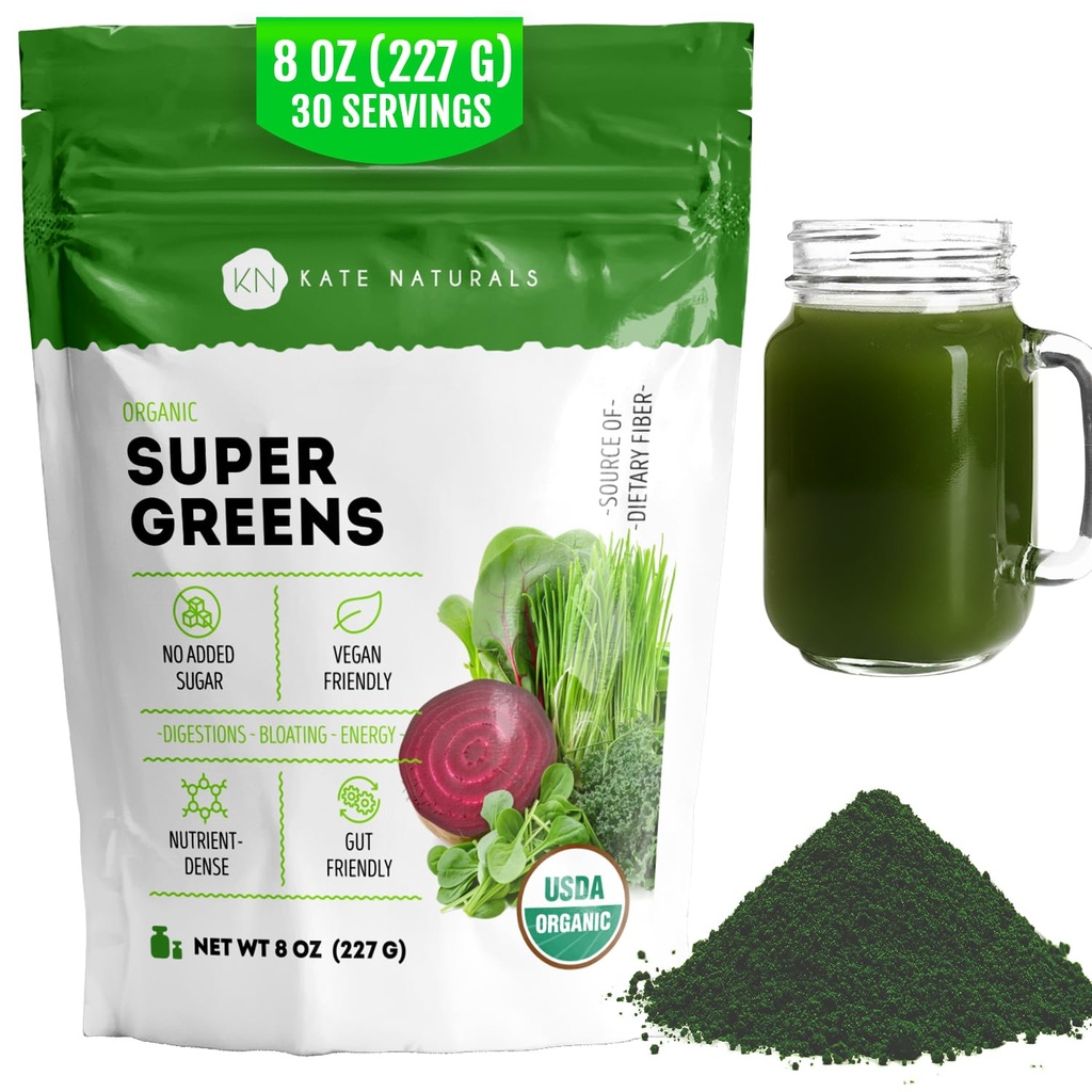 Kate Naturals Bio Super Greens Poudre. Daily Greens Superfood Blend avec des probiotiques et fibre pour les smoothies et le jus (30 portions, 8oz, naturel)
