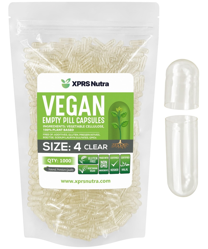 XPRS Nutra Größe 4 Leere Kapseln - 1000 Count Small Clear Empty Vegan Kapseln- Vegetarische Pillen - DIY Gemüse Kapsel Füllung - Fillable Do-It-Yourself Veggie Kappen für Ergänzungen