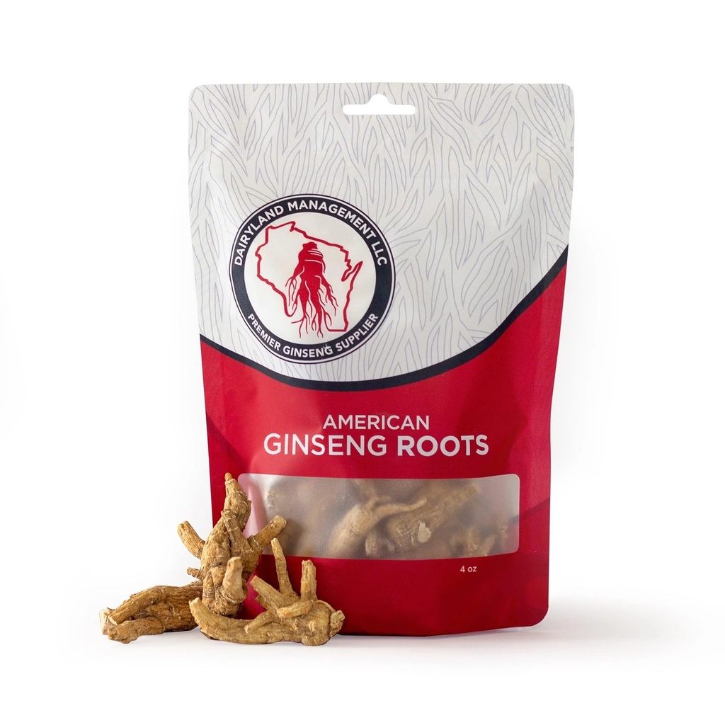 Racines de ginseng américaines de Dairyland - 4 oz de Wisconsin Racine de ginseng - Ginseng américain authentique - sans OGM, sans gluten Ginseng entier - Utilisez ce supplément à base de plantes dans soupe, thé, congee