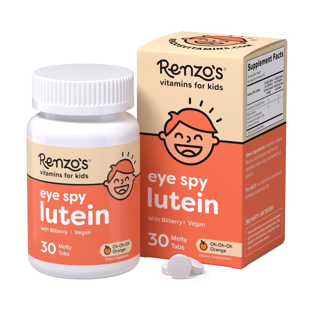 Renzo's Eye Spy Lutein mit Bilberry Extrakt, Auflösbare Kinder Vitamine für Augengesundheit, Zuckerfreie Ergänzungen, 30 Orange-Flavored Melty Tabs
