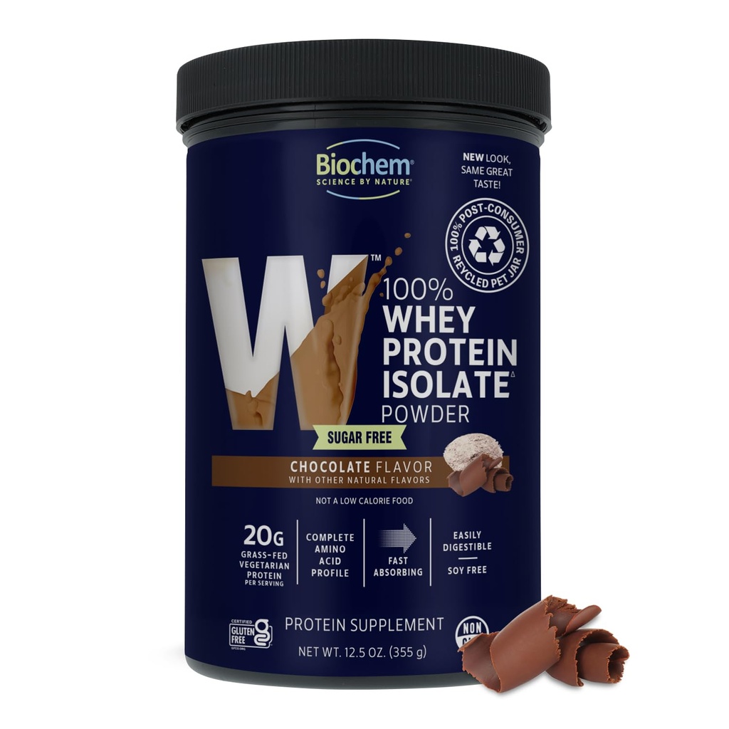 Biochem Chocolat 100% Whey sans sucre 20g, 12,5oz, Végétarien certifié, sans gluten certifié, certifié non-OGM testé, Keto amical, gazon