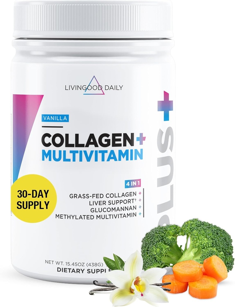 Poudre quotidienne de collagène Livingood pour les femmes et les hommes, Vanille, Protéines herbeuses, Peptides de collagène hydrolysés avec vitamine C et multivitamines pour les cheveux, la peau, les ongles et la santé des intestins, sans gluten, 30 portions