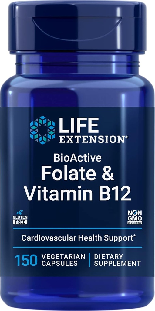 Life Extension BioActive Folate & Vitamin B12, 150 Vegetarische Kapseln - Non GMO, Glutenfreie Ergänzung