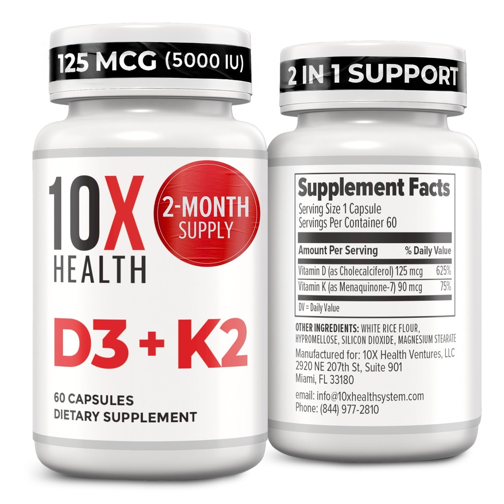 10X Health Vitamin D3 5000 IU & K2 MK7 - Menaquinone 7, High-Potency D3 K2 Vitamin Supplement für Knochen Gesundheit, Herz und Zähne - 125 mcg Vitamin D & 90 mcg Vitamin K2-60 Kapseln