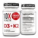 10X Health Vitamin D3 5000 IU & K2 MK7 - Menaquinone 7, High-Potency D3 K2 Vitamin Supplement für Knochen Gesundheit, Herz und Zähne - 125 mcg Vitamin D & 90 mcg Vitamin K2-60 Kapseln