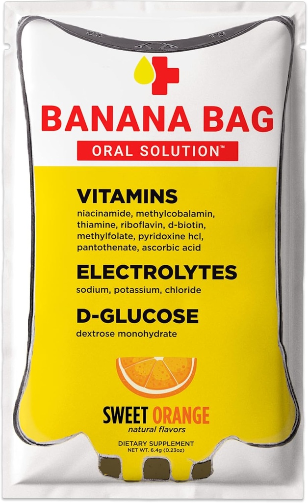 Banana Tasche Oral Solution Recovery Packets – Sweet Orange 5pk | Eine erfrischende Mischung aus Elektrolyten, Vitamin C und B-Komplex für Hydration und Energie. Günstig, einfach zu Mix und perfekt für jeden Lifestyle.