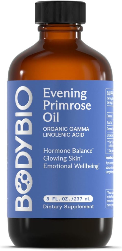 BodyBio Huile de Primrose du soir - Acide linolénique naturel Gamma pour une peau saine et équilibre hormonal - Non-OGM, pressé à froid - 8oz