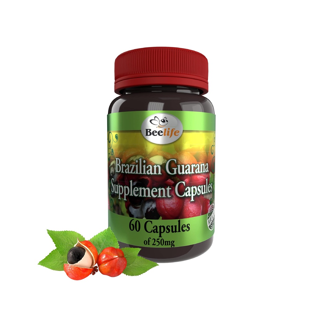 Beelife Brazilian Guarana Capsules - Natürliche Koffein Ergänzungen aus Brasilien - Energy & Mental Focus, Muskelkraftunterstützung - Zero Gluten, keine Sugar Pre Workout für Männer & Frauen - 250mg 60 Caps