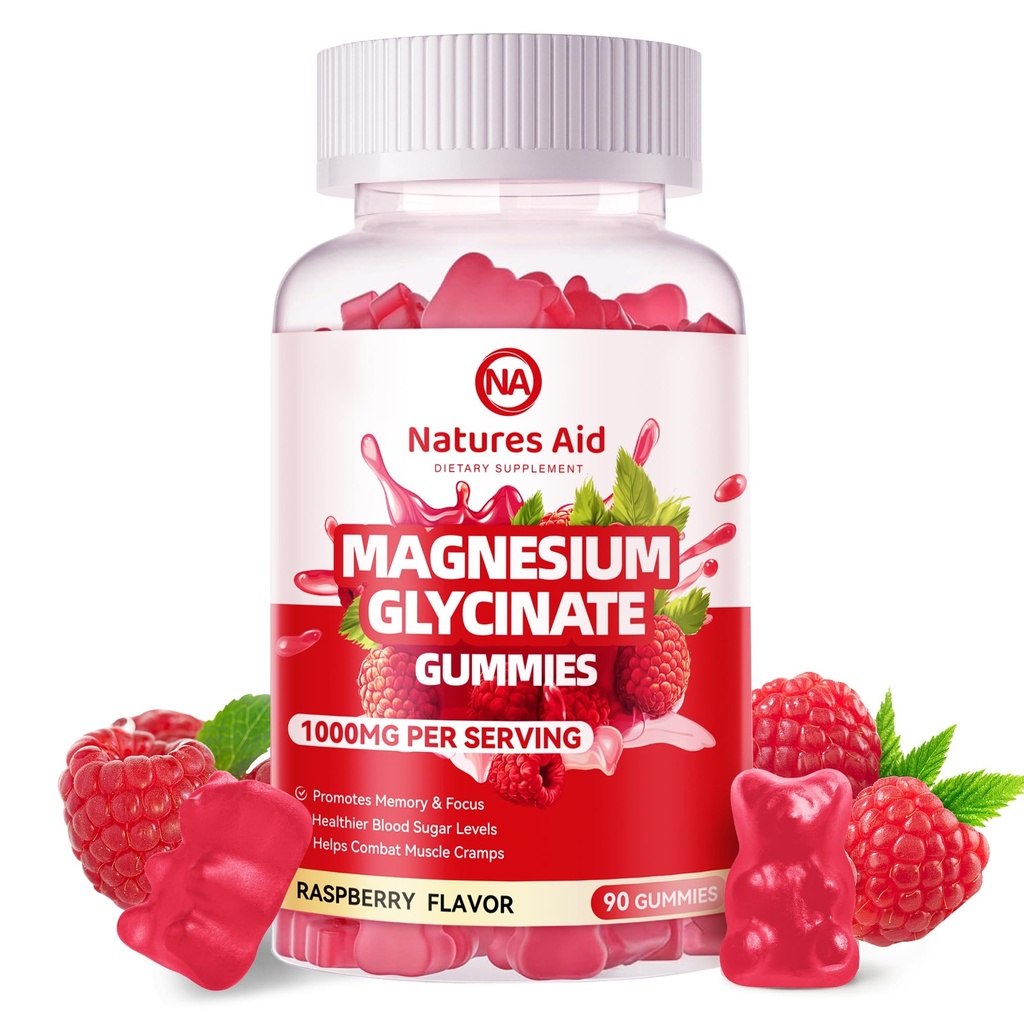 Magnesium-Glycinat-Gummien 1000mg - Zuckerfreie Magnesium-Kalium-Ergänzung mit Vitamin D, B6, CoQ10 für ruhige Stimmung & Schlaf-Unterstützung - 90 Himbeer-Gummi.