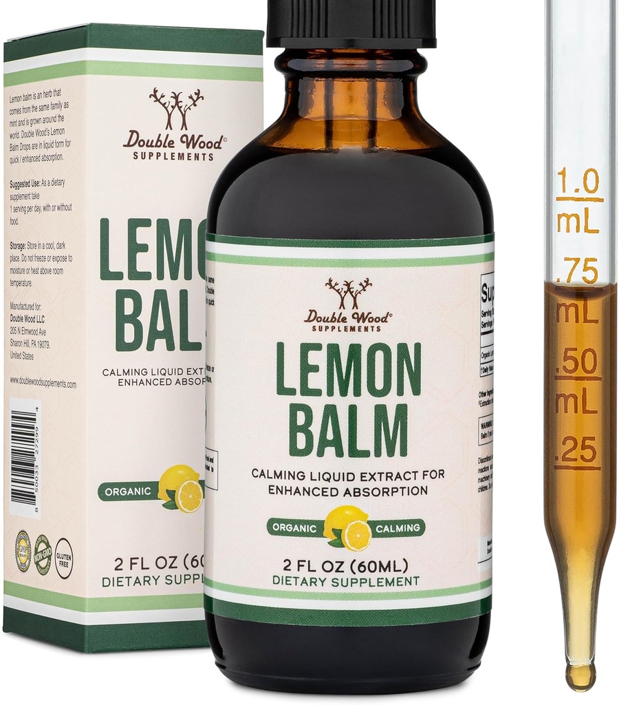 Double Wood Supplements Organic Lemon Balm Tincture - für Verdauung & Entspannung 590mg - 2FL OZ, 120 Servierungen (Better Absorbed Than Capsules, Great for Lemon Balm Tea)
