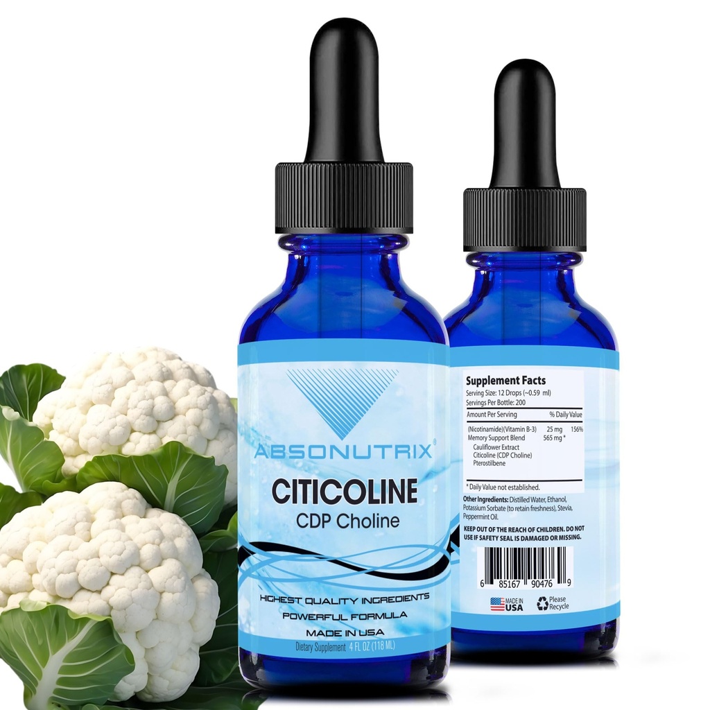 Absonutrix Citicoline 590 mg, 4 Oz Bottle, 200 Servierungen, Made in USA, Schnellabsorption, Qualität Potent Ingredients, Non-GMO, GMP zertifiziert, Cruelty-Free Products