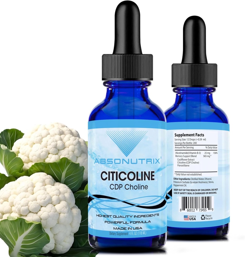 Absonutrix Citicoline 590 mg, 4 Oz Bottle, 200 Servierungen, Made in USA, Schnellabsorption, Qualität Potent Ingredients, Non-GMO, GMP zertifiziert, Cruelty-Free Products