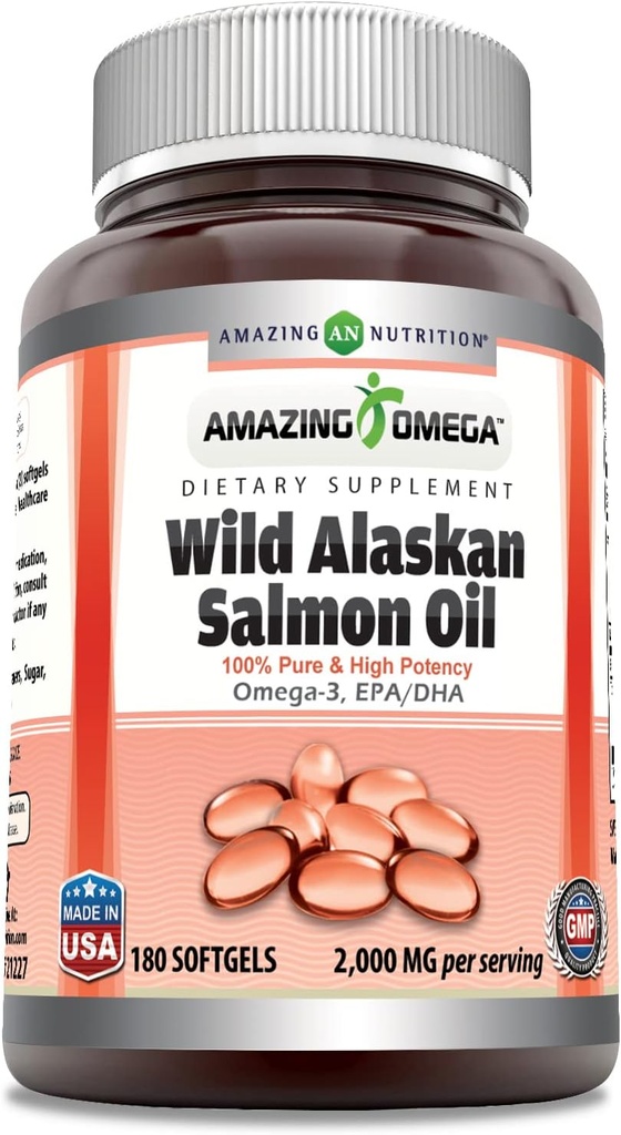 Amazing Omega Wild Alaskan Salmon Oil Supplement $ 2000 Mg par service $ 180 Softgels $ Non-GMO $ Sans gluten $ Fabriqué aux États-Unis