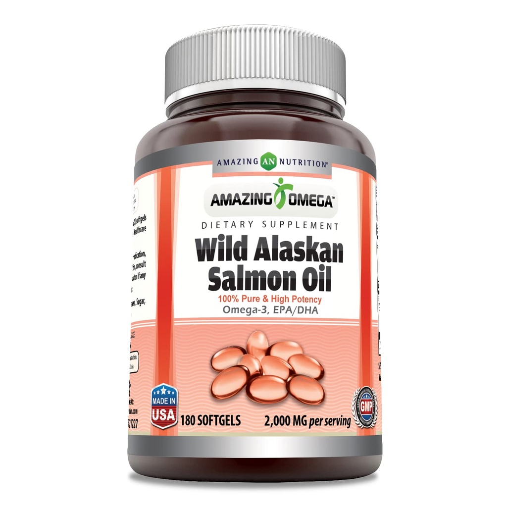 Erstaunlich Omega Wild Alaskan Salmon Öl Supplement | 2000 Mg pro Servieren | 180 Softgels | Non-GMO | Gluten-Free | Made in USA