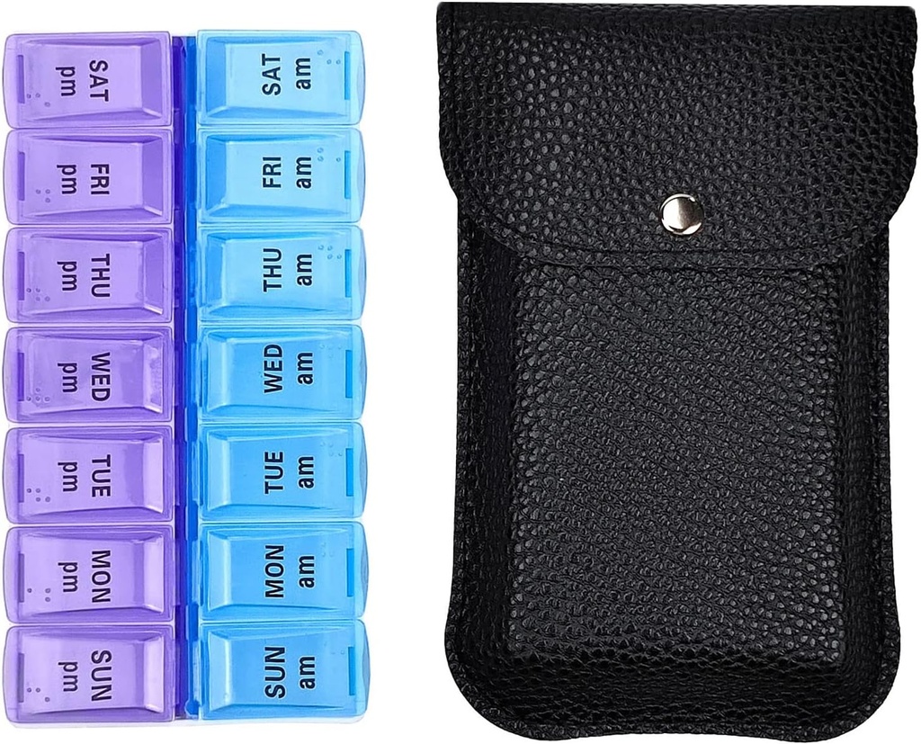 VOFOON Travel Pill Organizer 2 Mal am Tag, Große PM Pille Organizer 7 Tage, PU Leder Tägliche Pille Box Fall, Wöchentliche Pille Medizin Organizer für Vitamine Medizin Fischöl Nahrungsergänzungsmittel (L Größe)