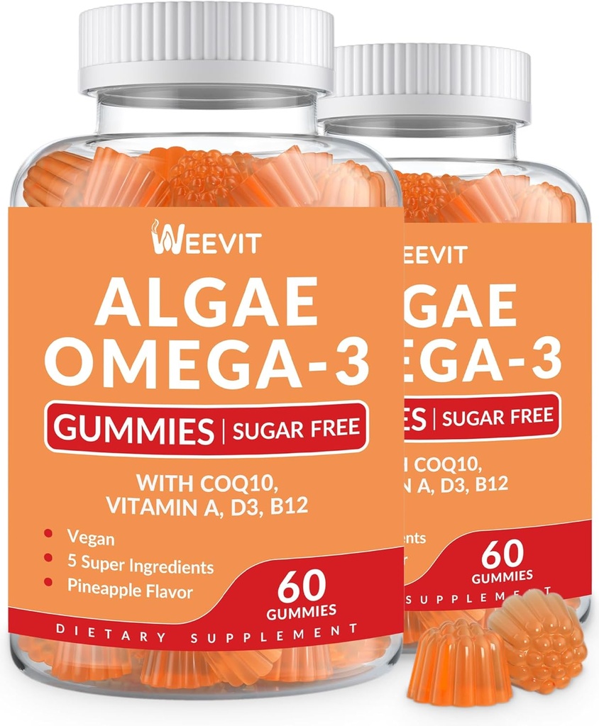 Vegan Omega 3 Gummis, Algae Omega-3 Supplement DHA 240mg, EPA 110mg w/Vitamin B12, CoQ10, Fischöl Alternative für Erwachsene - Gehirn, Knochen, Augen- und Immununterstützung