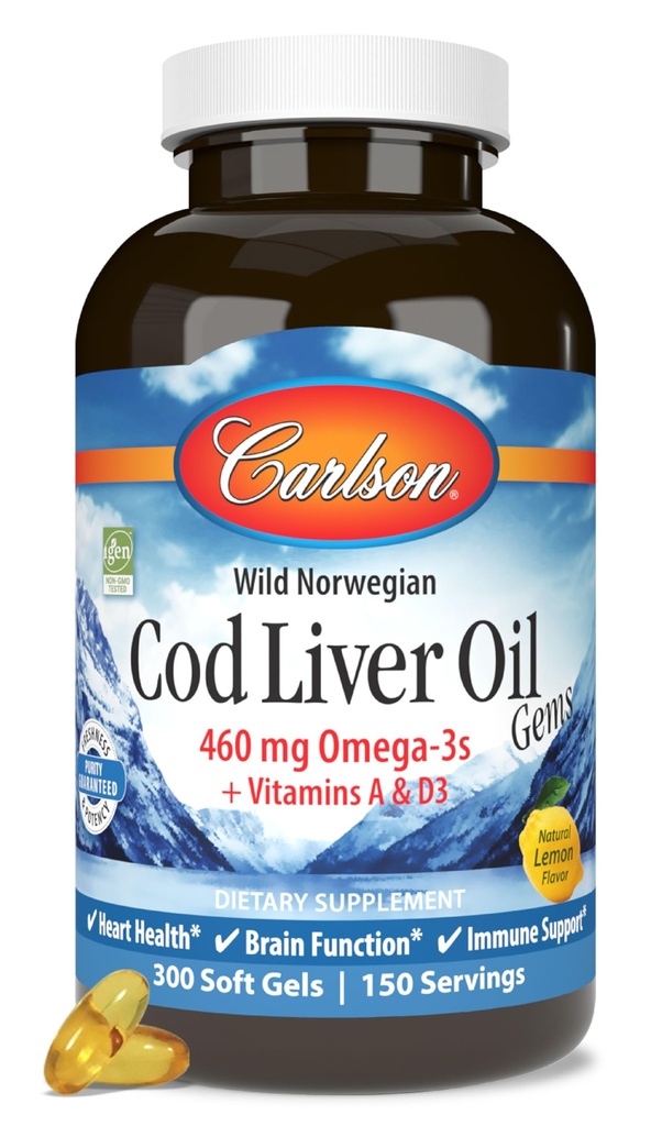 Carlson - Cod Liver Oil, 460 mg Omega-3s + Vitamine A & D3, Wild-Caught Norwegian Arctic Cod-Liver Oil, Sustainable Sourced Nordic Fish Oil Kapseln, Lemon, 300 Softgels