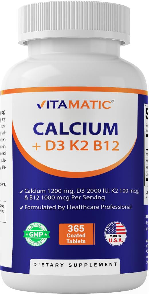 Supplément calcium vitamatique 1200mg avec D3, K2 & B12, Immune & Bone Health Support - 365 comprimés enduits