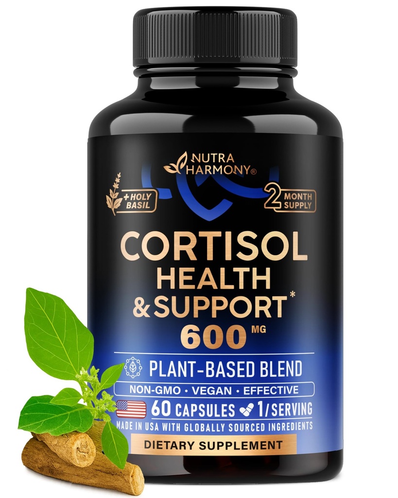 Cortisol Ergänzung für Frauen - Heilige Basilikum | Ashwagandha | Rhodiola | L-Theanine - Pflanzenbasierte Hormon Balance - Stimmung, Fokus & Schlaf Unterstützung - Made in USA - Vegan, Non-GMO - 60 Kapseln für 2 Monate