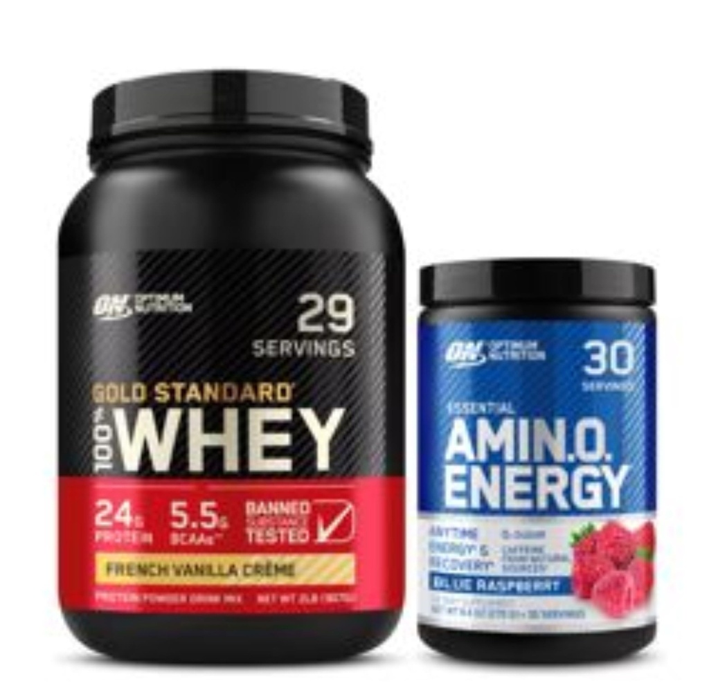 Optimum Nutrition Dynamic Duo Bundle: Amino Energy, Blue Raspberry (30 Servings) und Gold Standard 100% Whey Protein Powder, French Vanilla Creme (29 Servings)