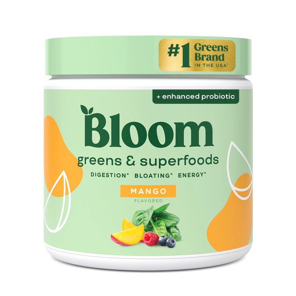 Bloom Nutrition Superfood Greens Poudre, enzymes digestives avec probiotiques et prébiotiques, Gut Health, Bloating Relief pour les femmes, Chlorella, Mélange de jus vert avec poudre de racine de betterave, 30 SVG, Mango